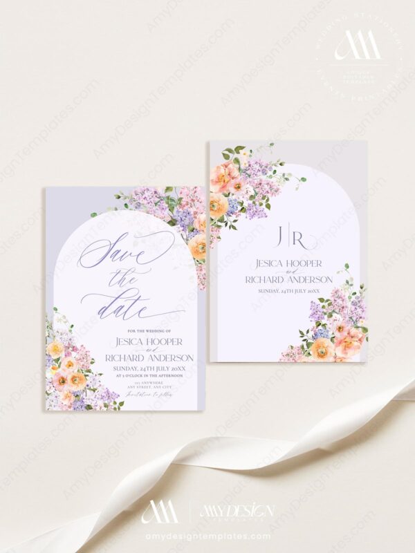 Purple Floral Wedding Save The Date Card E045