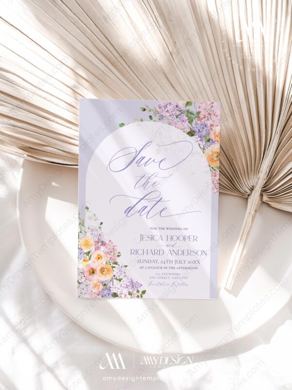 Purple Floral Wedding Save The Date Card E045