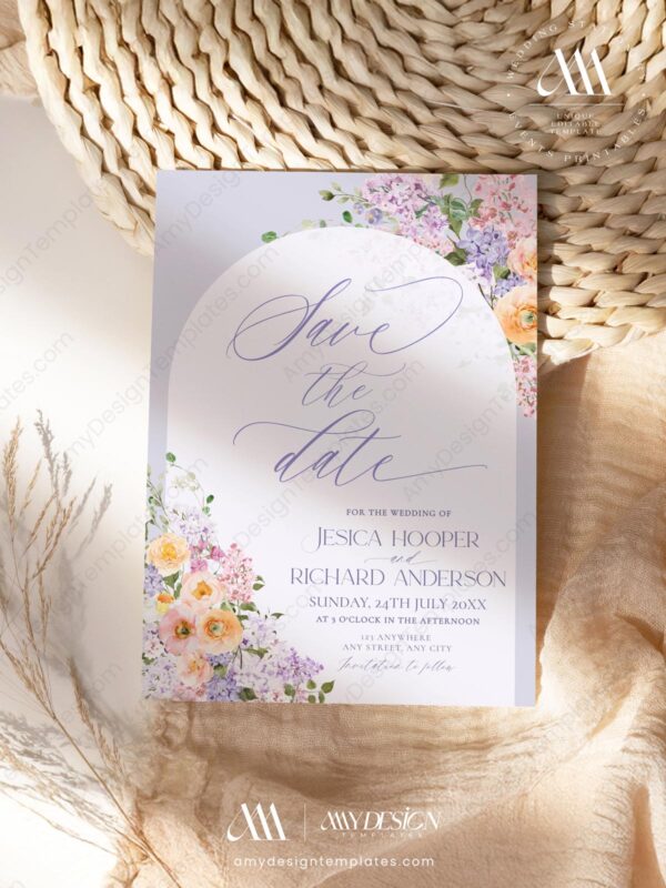 Purple Floral Wedding Save The Date Card E045