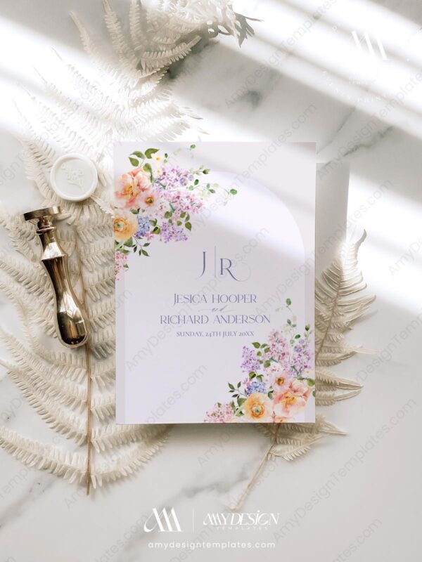 Floral Wedding Invitation Card Printable | Purple Peach Wedding Invite Template Purple Floral Wedding Save The Date Card E045