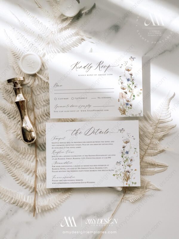 Wildflower Wedding Invitations Template Set | Minimalist Wedding Invite Card Wildflower Wedding Invitations Template Set | Minimalist Wedding Invite Card