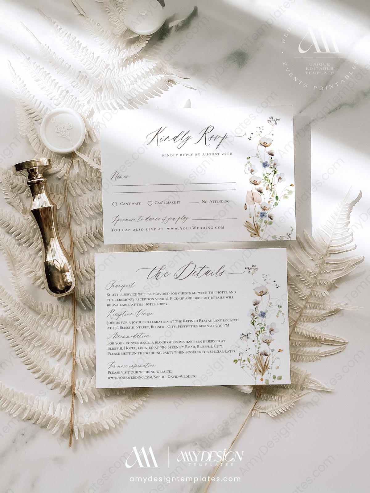 Wildflower Wedding Invitations Template Set | Minimalist Wedding Invite Card Wildflower Wedding Invitations Template Set | Minimalist Wedding Invite Card
