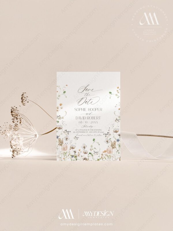 Wildflower Wedding Invitations Template Set | Minimalist Wedding Invite Card Wildflower Wedding Invitations Template Set | Minimalist Wedding Invite Card