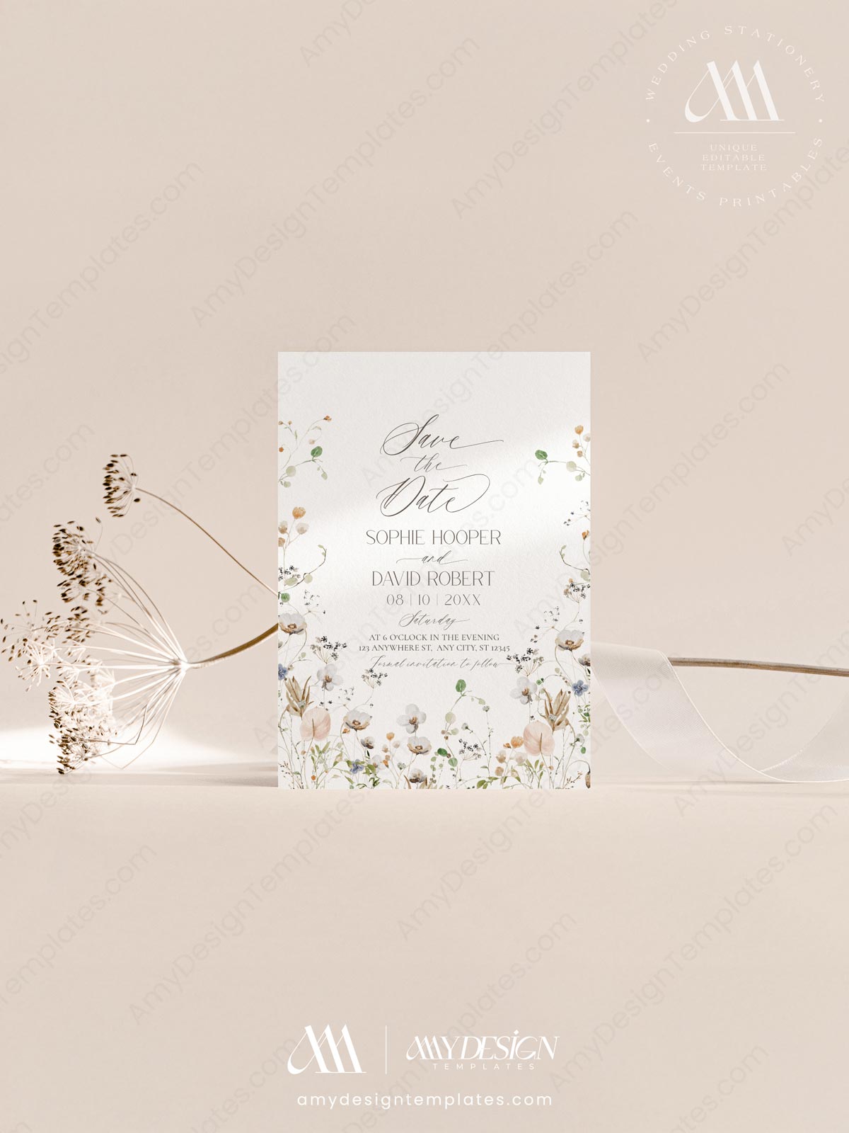 Wildflower Wedding Invitations Template Set | Minimalist Wedding Invite Card Wildflower Wedding Invitations Template Set | Minimalist Wedding Invite Card