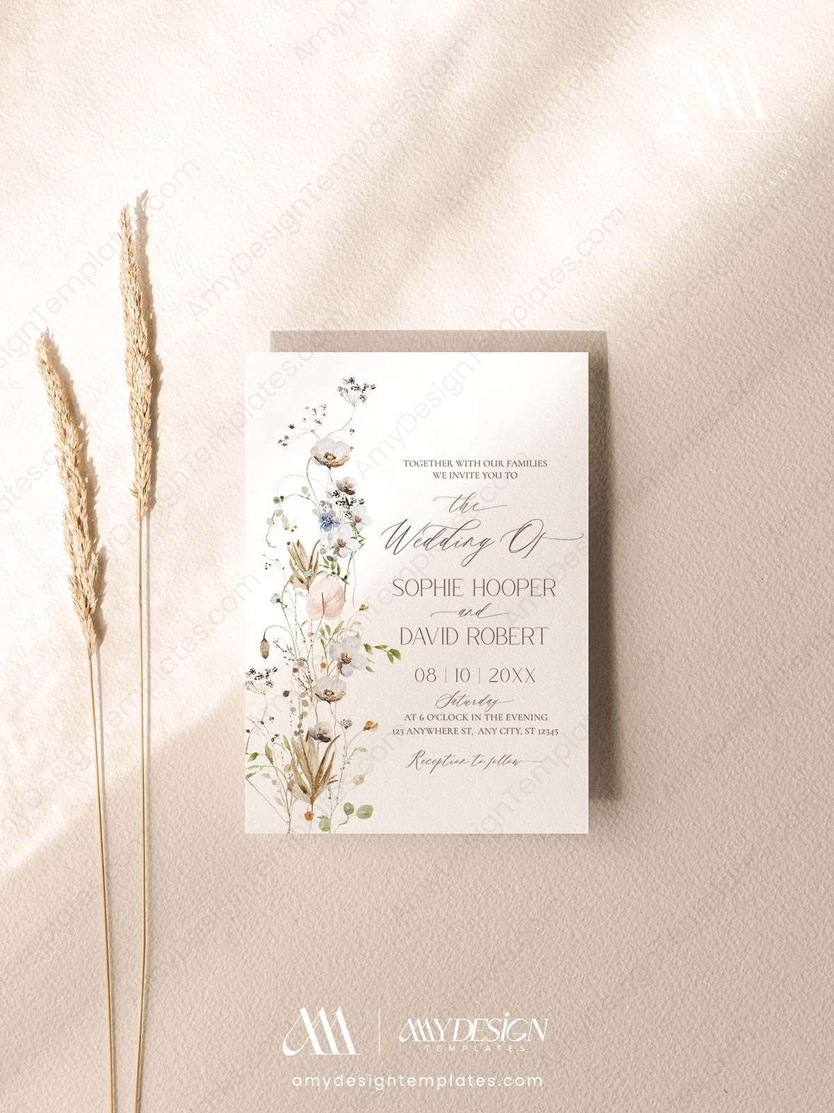 Wildflower Wedding Invitations Template Set | Minimalist Wedding Invite Card Wildflower Wedding Invitations Template Set | Minimalist Wedding Invite Card