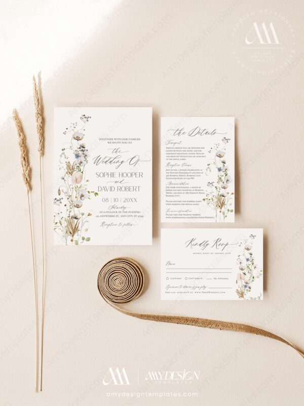 Wildflower Wedding Invitations Template Set | Minimalist Wedding Invite Card