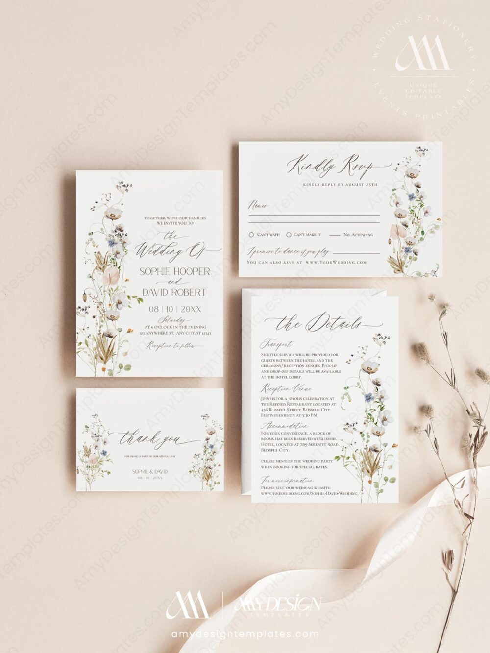Wildflower Wedding Invitation Template, Botanical Wedding Invitations
