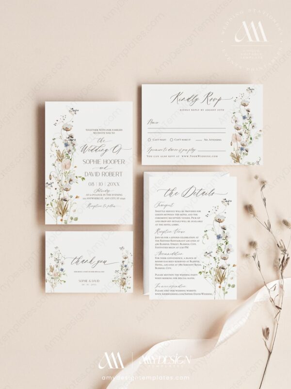 Wildflower Wedding Invitations Template Set | Minimalist Wedding Invite Card