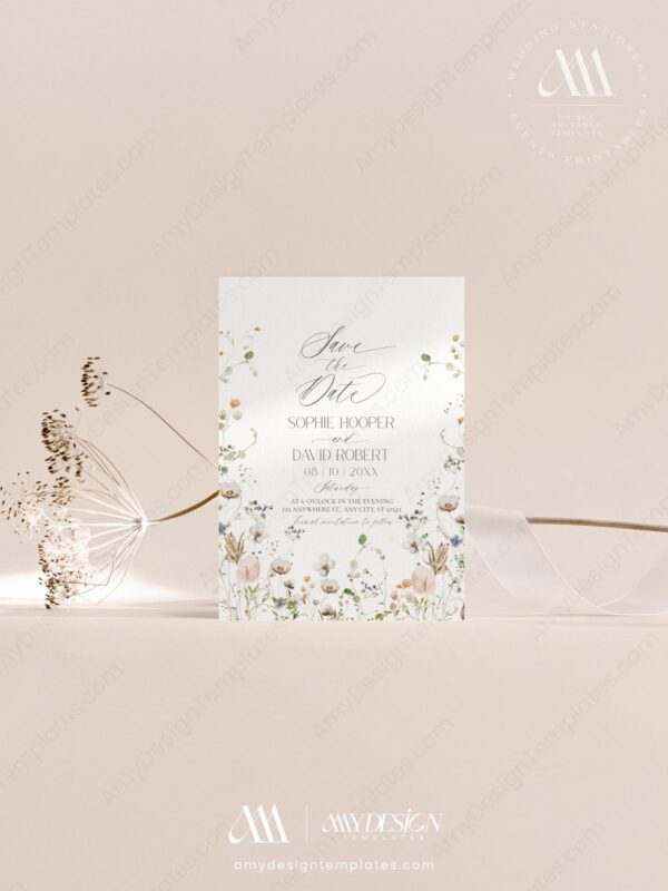 Elegant Wildflower Save The Date Template with Photo | Boho Wild Flowers Save Our Date Cards Elegant Wildflower Save The Date Template with Photo E047