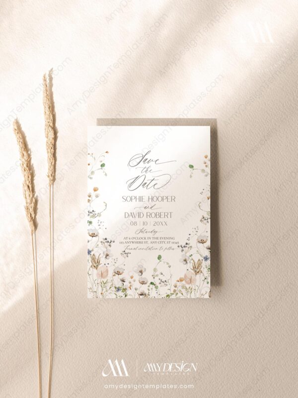 Elegant Wildflower Save The Date Template with Photo | Boho Wild Flowers Save Our Date Cards Elegant Wildflower Save The Date Template with Photo E047