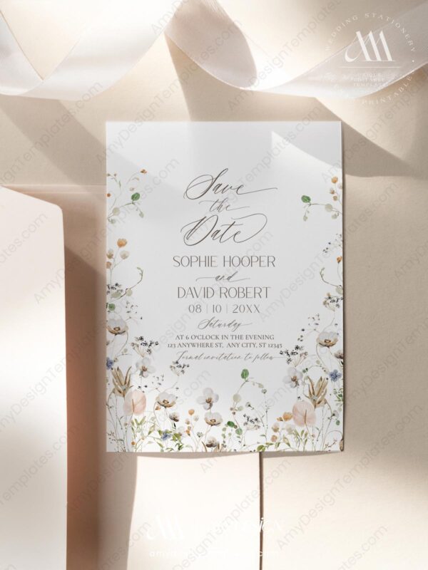 Elegant Wildflower Save The Date Template with Photo | Boho Wild Flowers Save Our Date Cards Elegant Wildflower Save The Date Template with Photo E047