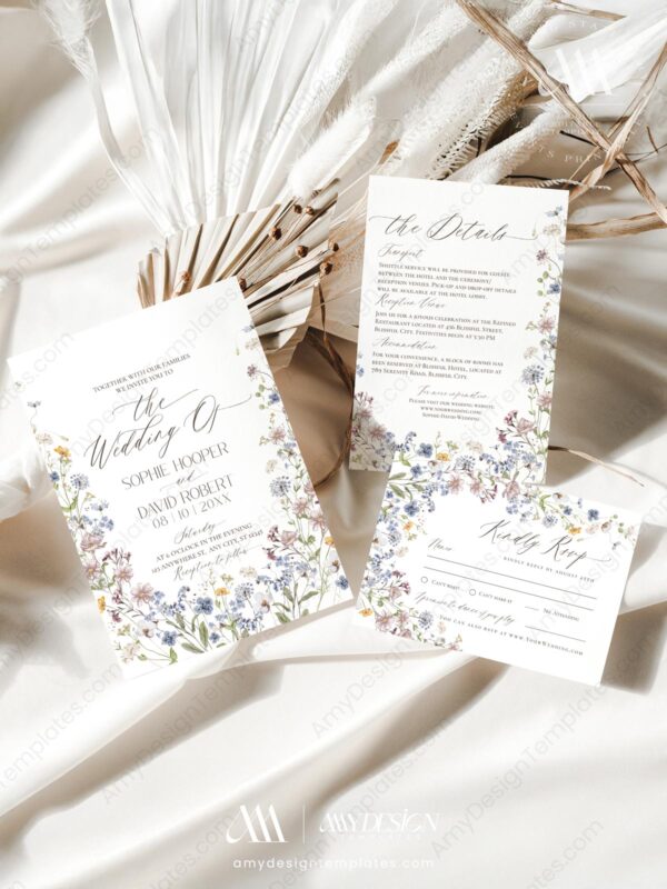 Meadow Wildflower Wedding Invitation Card | Boho Floral Wedding Templates