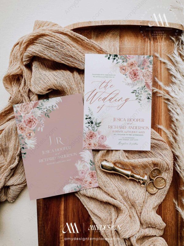 Pink Floral Wedding Invitations Suite | Boho Dusty Roses Wedding Printable | Bohemian Rustic Wedding