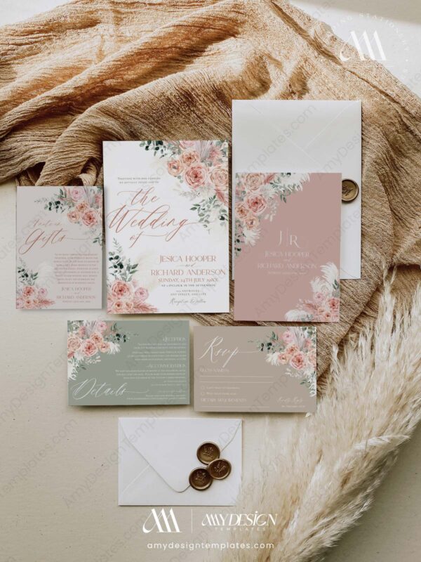 Pink Floral Wedding Invitations Suite | Boho Dusty Roses Wedding Printable | Bohemian Rustic Wedding Pink Floral Wedding Invitations Suite | Boho Dusty Roses Wedding Printable | Bohemian Rustic Wedding