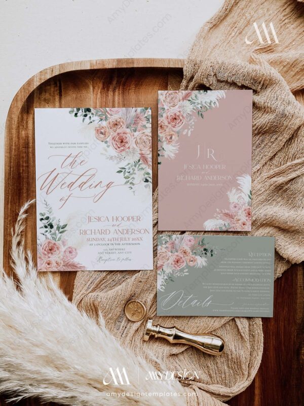 Pink Floral Wedding Invitations Suite | Boho Dusty Roses Wedding Printable | Bohemian Rustic Wedding