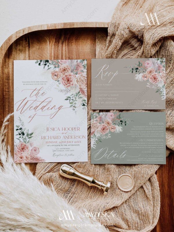 Pink Floral Wedding Invitations Suite | Boho Dusty Roses Wedding Printable | Bohemian Rustic Wedding Pink Floral Wedding Invitations Suite | Boho Dusty Roses Wedding Printable | Bohemian Rustic Wedding