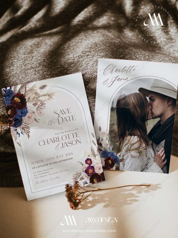 Maroon Burgundy Save the Date | Boho Save The Date Template | Wedding Save Our Date Invitation Maroon Burgundy Save the Date E053