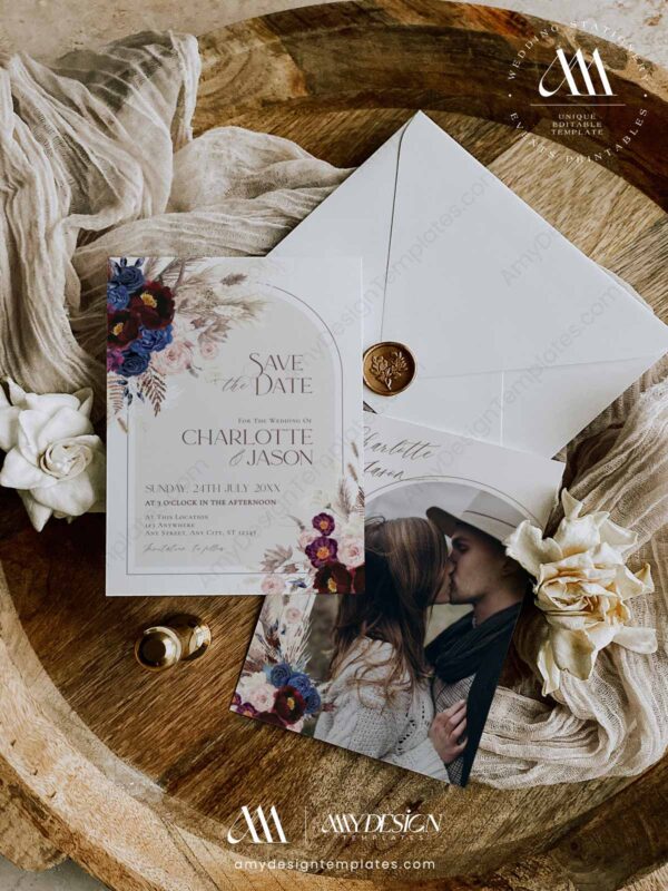 Maroon Burgundy Save the Date | Boho Save The Date Template | Wedding Save Our Date Invitation Maroon Burgundy Save the Date E053