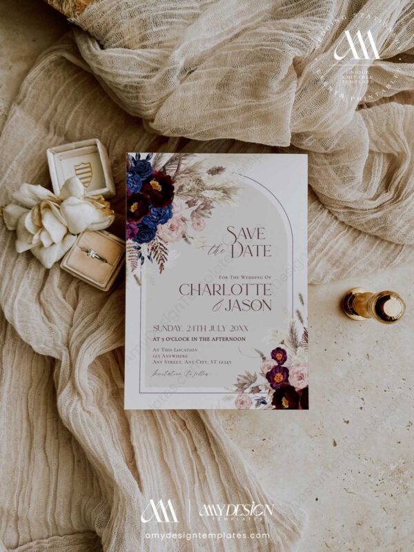 Maroon Burgundy Save the Date | Boho Save The Date Template | Wedding Save Our Date Invitation Maroon Burgundy Save the Date E053