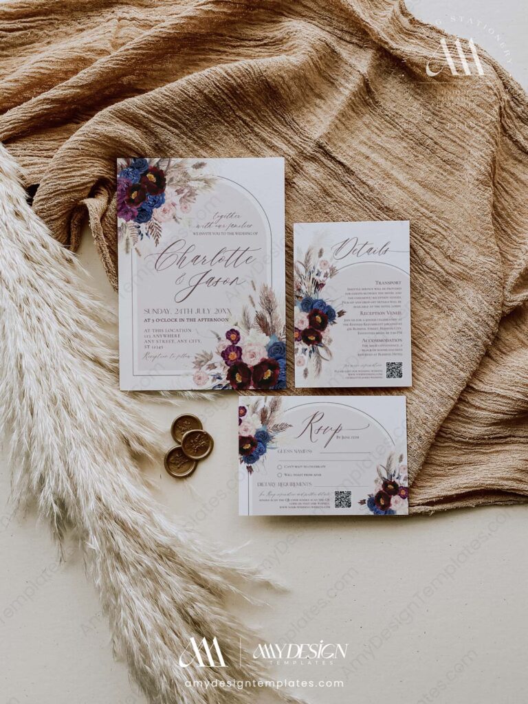 Burgundy Wedding Invitations Suite Template Amy Design