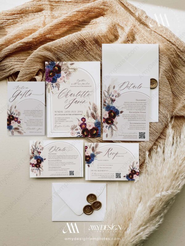 Burgundy Wedding Invitations Suite Template | Wedding Invites Set | Navy Maroon Blush Floral