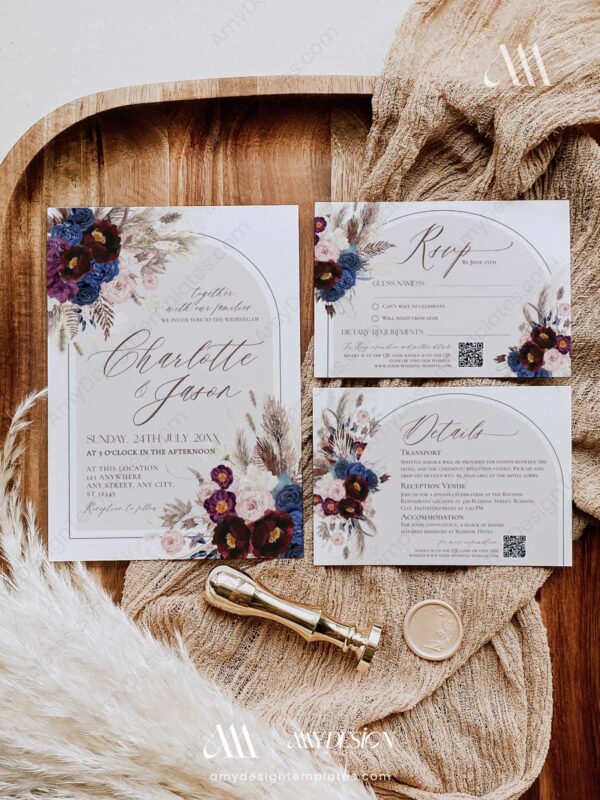 Burgundy Wedding Invitations Suite Template | Wedding Invites Set | Navy Maroon Blush Floral