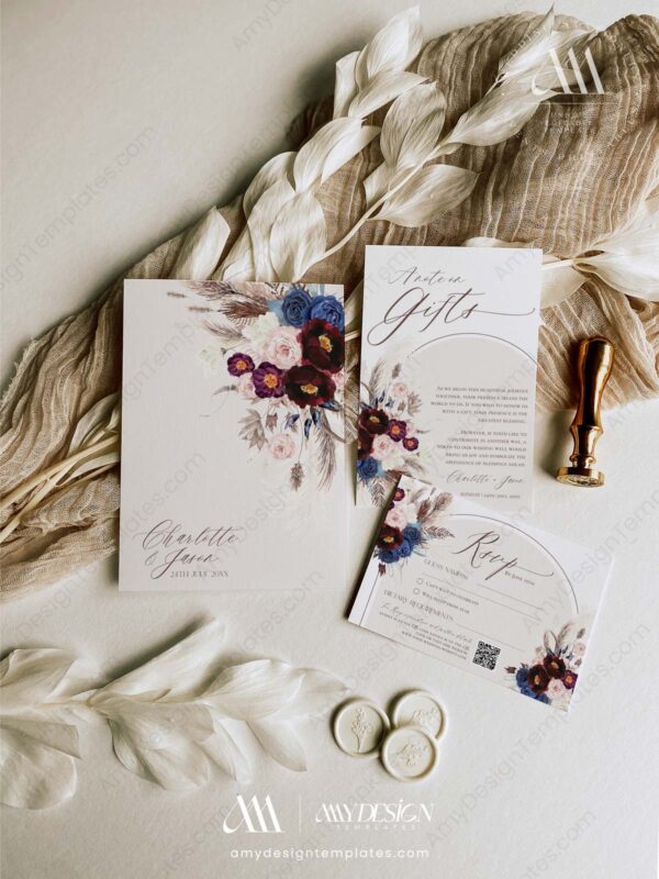 Burgundy Wedding Invitations Suite Template | Wedding Invites Set | Navy Maroon Blush Floral Burgundy Wedding Invitations Suite Template | Wedding Invites Set | Navy Maroon Blush Floral