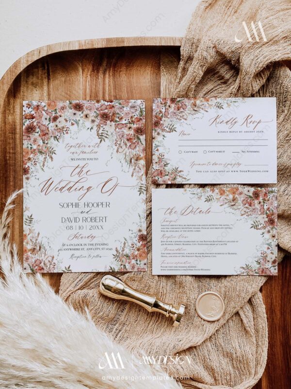 Fall Wedding Invitation Template | Wedding Suite Editable | Terracotta Burnt Orange