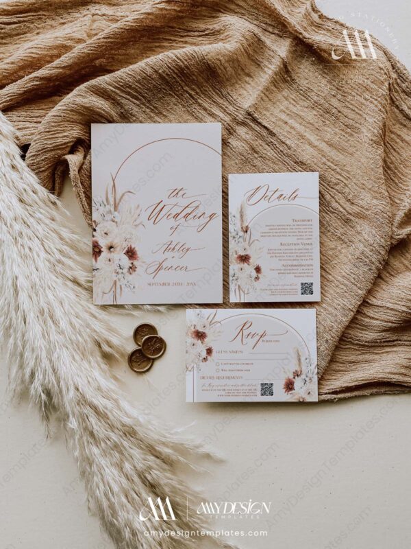 Boho Rustic Wedding Invitations Card Printable | Fall Wedding Invite Template