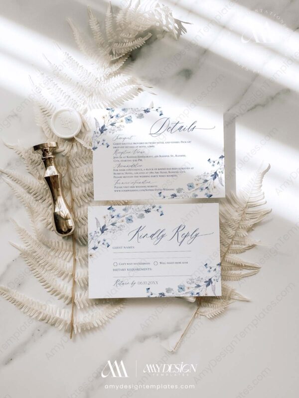 Blue Wedding Invitation Card | Botanical Wedding Invite Template Blue Wedding Invitation Card | Botanical Wedding Invite Template