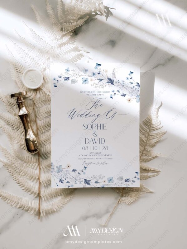 Blue Wedding Invitation Card | Botanical Wedding Invite Template Blue Wedding Invitation Card | Botanical Wedding Invite Template