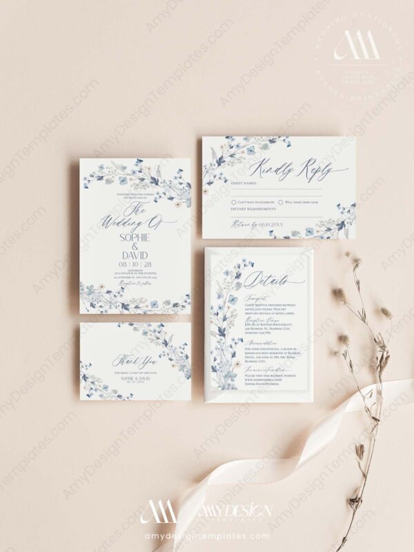 Blue Wedding Invitation Card | Botanical Wedding Invite Template