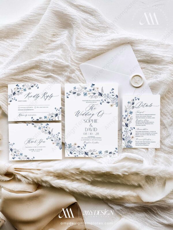 Blue Wedding Invitation Card | Botanical Wedding Invite Template Blue Wedding Invitation Card | Botanical Wedding Invite Template