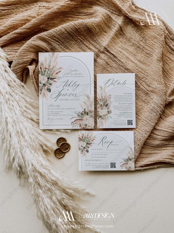 Bohemian Wedding Invitations Card | Rustic Pampas Wedding Invite Suite