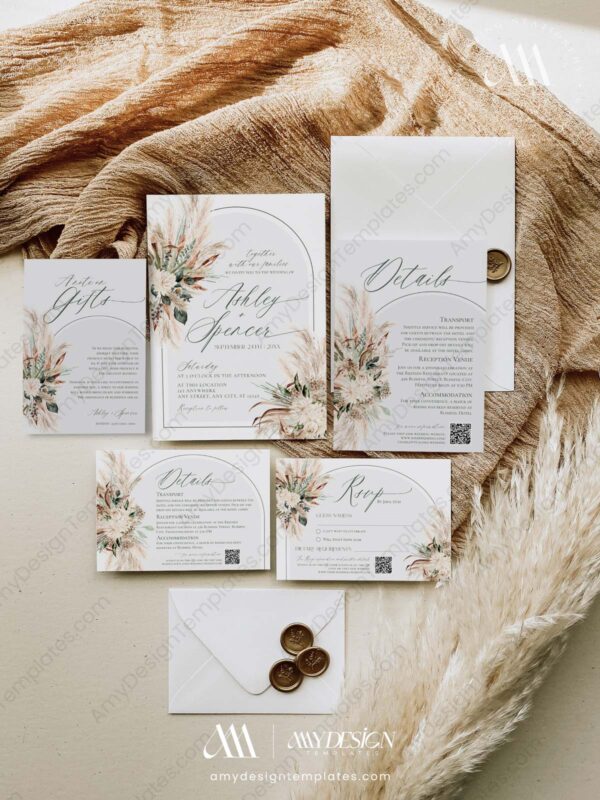 Bohemian Wedding Invitations Card | Rustic Pampas Wedding Invite Suite Bohemian Wedding Invitations Card | Rustic Pampas Wedding Invite Suite