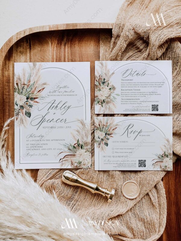 Bohemian Wedding Invitations Card | Rustic Pampas Wedding Invite Suite