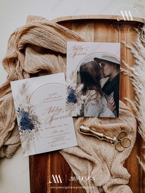 Boho Navy Wedding Invitation Templates | Pampas Wedding Suite Printable Boho Navy Wedding Invitation Templates | Pampas Wedding Suite Printable