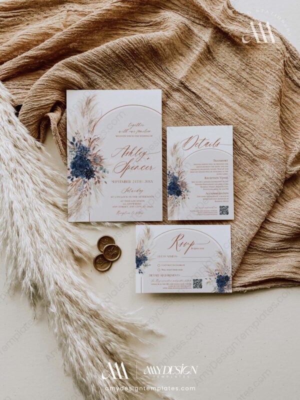 Boho Navy Wedding Invitation Templates | Pampas Wedding Suite Printable Boho Navy Wedding Invitation Templates | Pampas Wedding Suite Printable