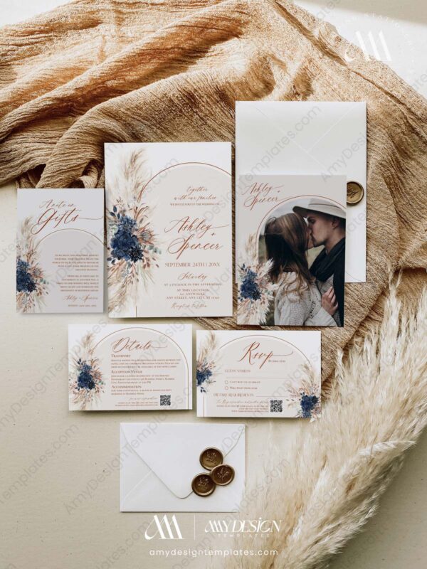 Boho Navy Wedding Invitation Templates | Pampas Wedding Suite Printable