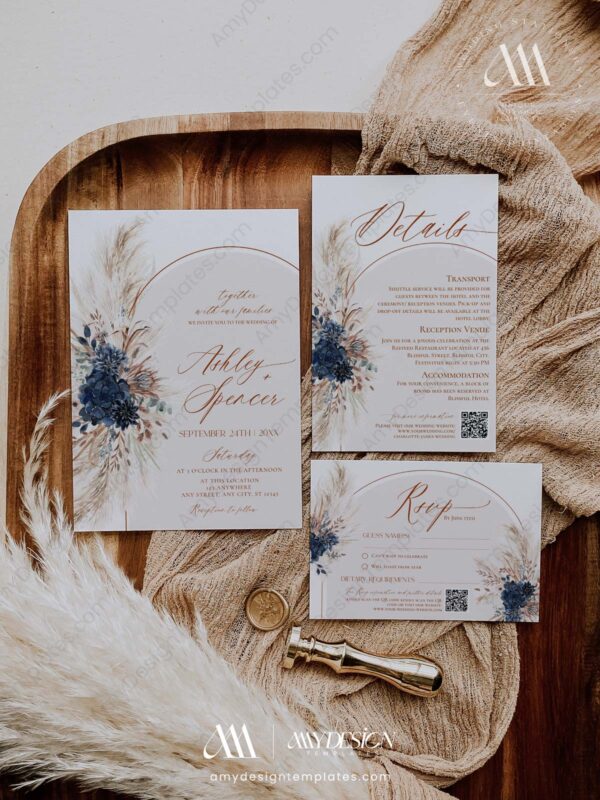 Boho Navy Wedding Invitation Templates | Pampas Wedding Suite Printable