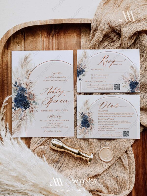 Boho Navy Wedding Invitation Templates | Pampas Wedding Suite Printable Boho Navy Wedding Invitation Templates | Pampas Wedding Suite Printable
