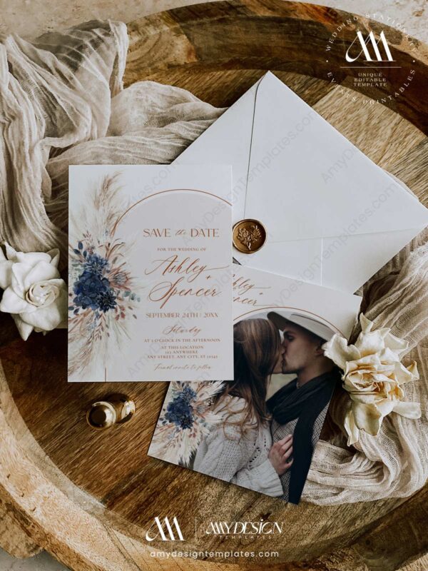 Navy Blue Save The Date Card Template Printable | Save The Date Card with Photos Navy Blue Save The Date Card Template Printable E059