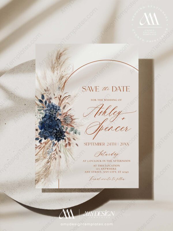 Navy Blue Save The Date Card Template Printable | Save The Date Card with Photos Navy Blue Save The Date Card Template Printable E059