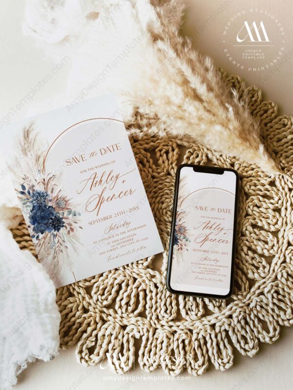 Navy Blue Save The Date Card Template Printable | Save The Date Card with Photos Navy Blue Save The Date Card Template Printable E059