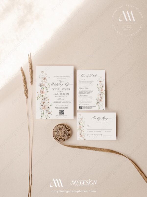 Elegant Wedding Invitation Set Template | Wildflower Wedding Invite Card