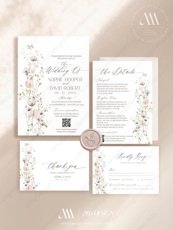 Elegant Wedding Invitation Set Template | Wildflower Wedding Invite Card Elegant Wedding Invitation Set Template | Wildflower Wedding Invite Card