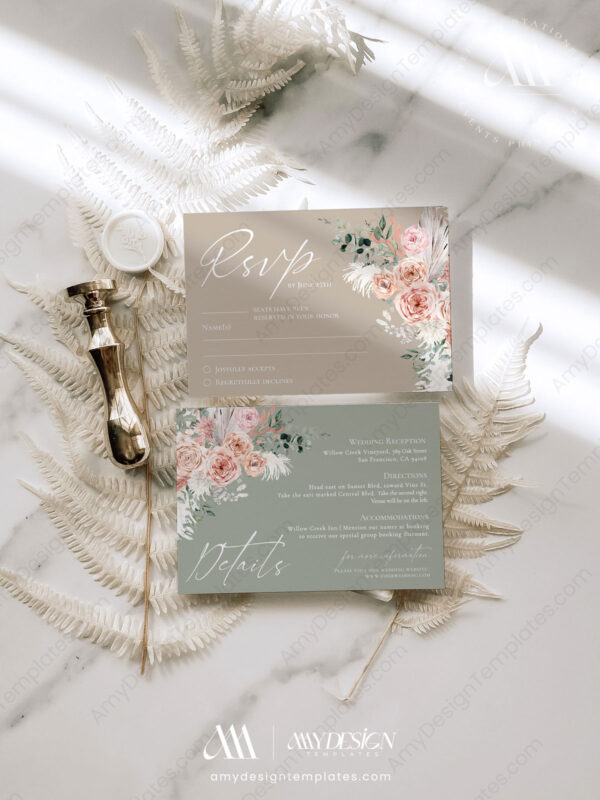 Pink Floral Wedding Invite Set | Boho Dusty Pink Wedding Suite Template | Dusty Rose Eucalyptus Pink Floral Wedding Invite Set | Boho Dusty Pink Wedding Suite Template | Dusty Rose Eucalyptus