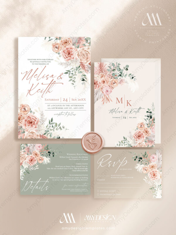 Pink Floral Wedding Invite Set | Boho Dusty Pink Wedding Suite Template | Dusty Rose Eucalyptus Pink Floral Wedding Invite Set | Boho Dusty Pink Wedding Suite Template | Dusty Rose Eucalyptus