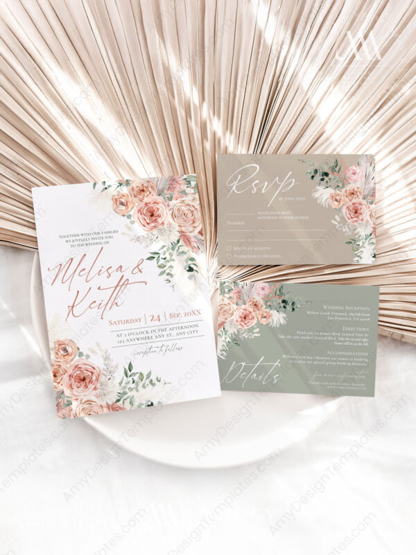 Pink Floral Wedding Invite Set | Boho Dusty Pink Wedding Suite Template | Dusty Rose Eucalyptus
