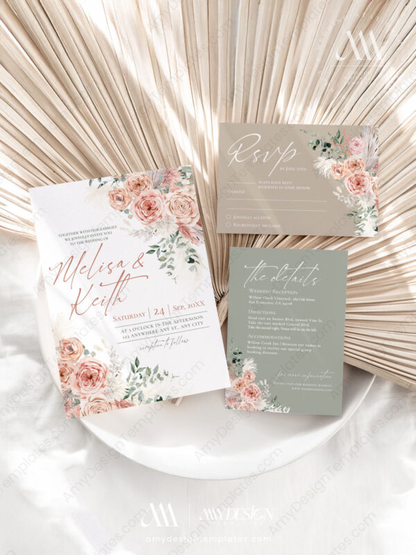 Pink Floral Wedding Invite Set | Boho Dusty Pink Wedding Suite Template | Dusty Rose Eucalyptus